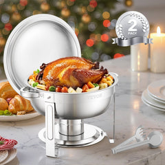 VEVOR Chafing Dish Buffet Set, 5 Qt 2 Pack, Stainless Steel Chafer with 2 Full Size Pans, Round Catering Warmer Server