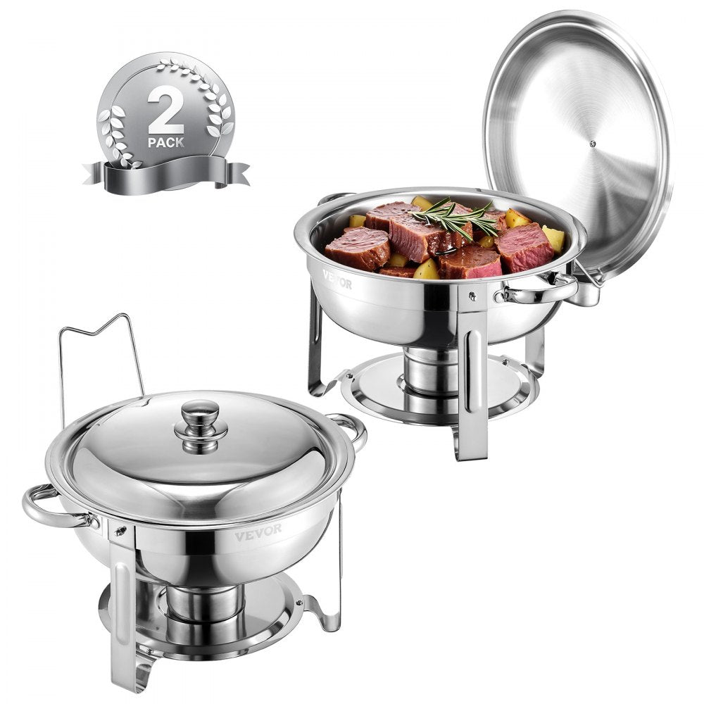 VEVOR Chafing Dish Buffet Set, 5 Qt 2 Pack, Stainless Steel Chafer with 2 Full Size Pans, Round Catering Warmer Server