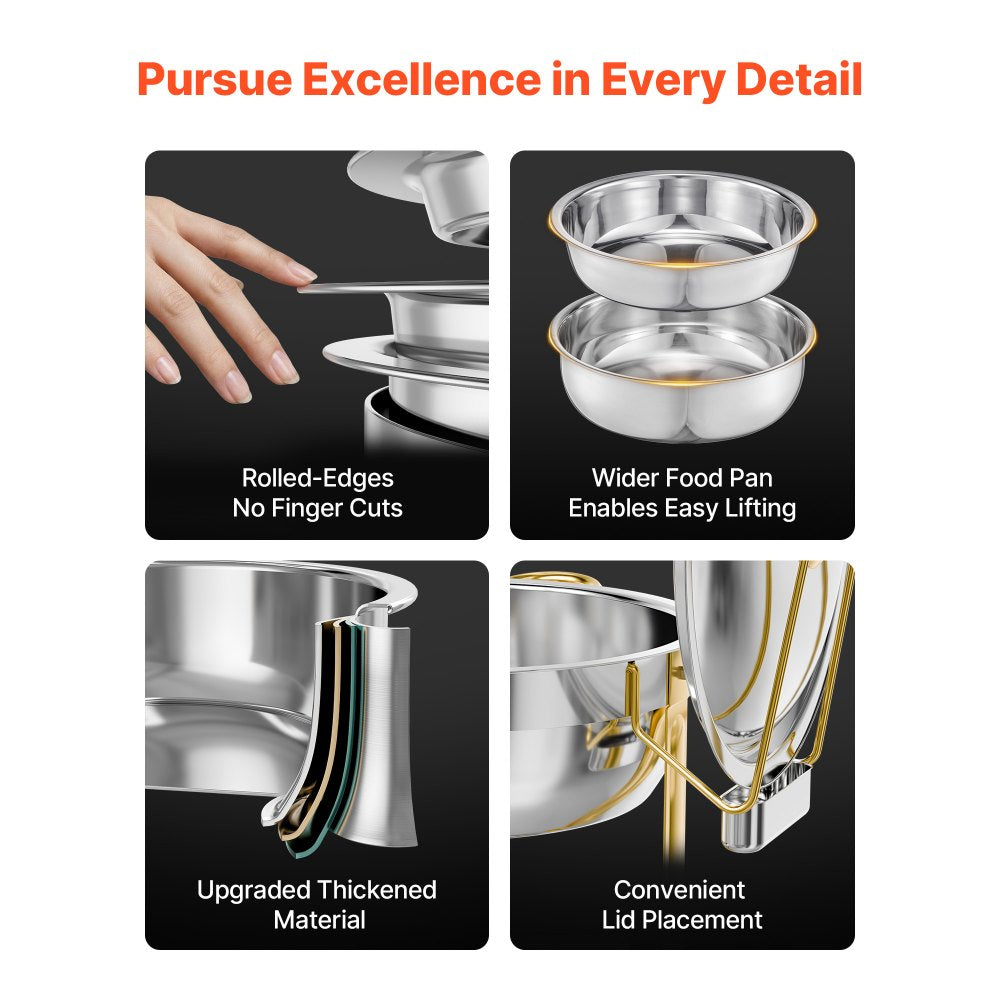 VEVOR Chafing Dish Buffet Set, 5 Qt 4 Pack, Stainless Steel Chafer with 4 Full Size Pans, Round Catering Warmer Server