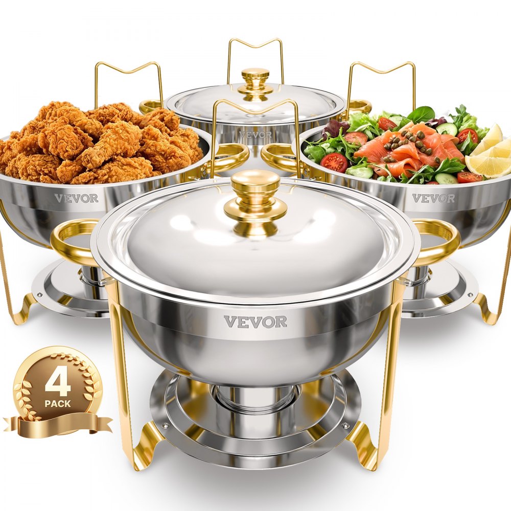VEVOR Chafing Dish Buffet Set, 5 Qt 4 Pack, Stainless Steel Chafer with 4 Full Size Pans, Round Catering Warmer Server