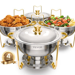 VEVOR Chafing Dish Buffet Set, 5 Qt 4 Pack, Stainless Steel Chafer with 4 Full Size Pans, Round Catering Warmer Server