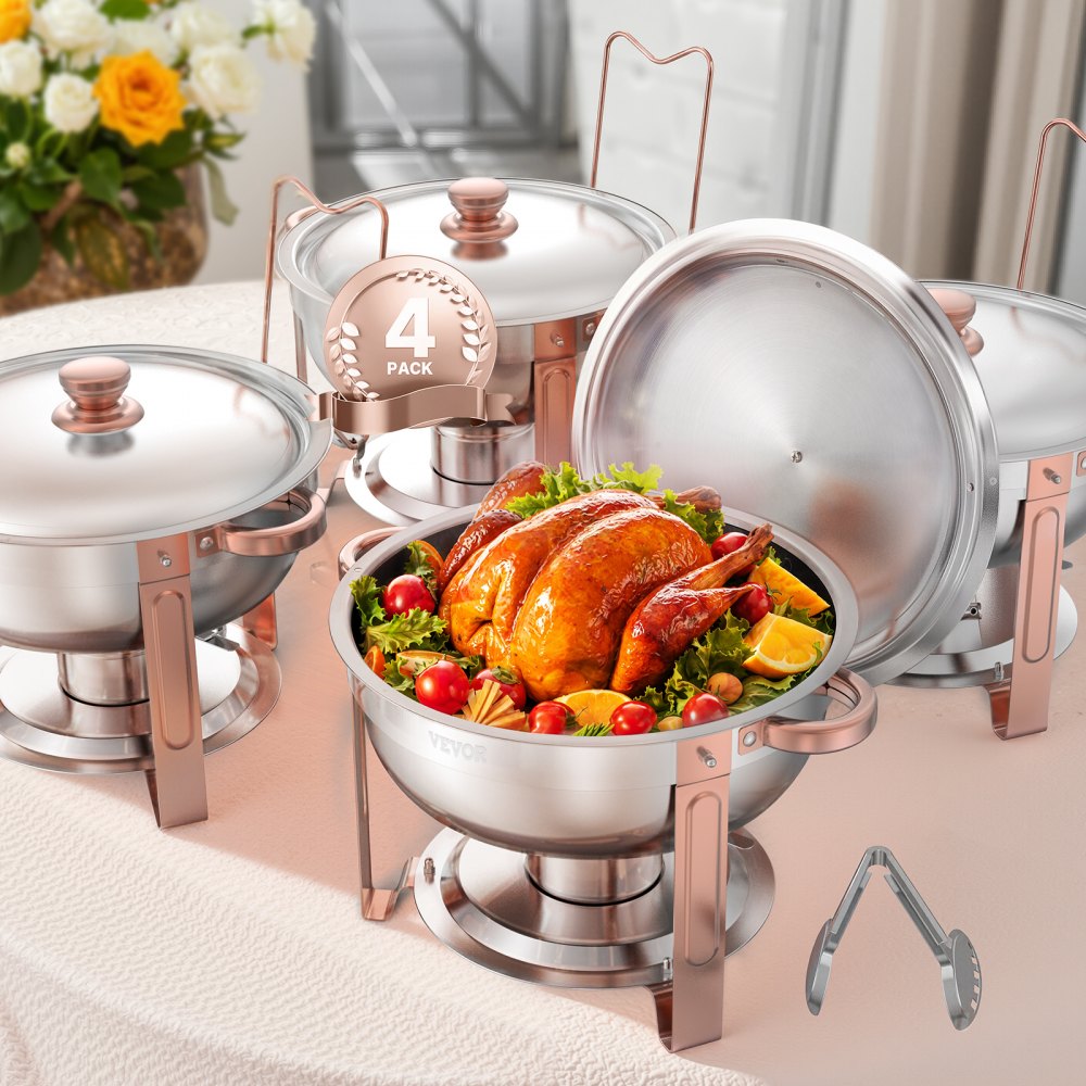 VEVOR Chafing Dish Buffet Set, 5 Qt 4 Pack, Stainless Steel Chafer with 4 Full Size Pans, Round Catering Warmer Server