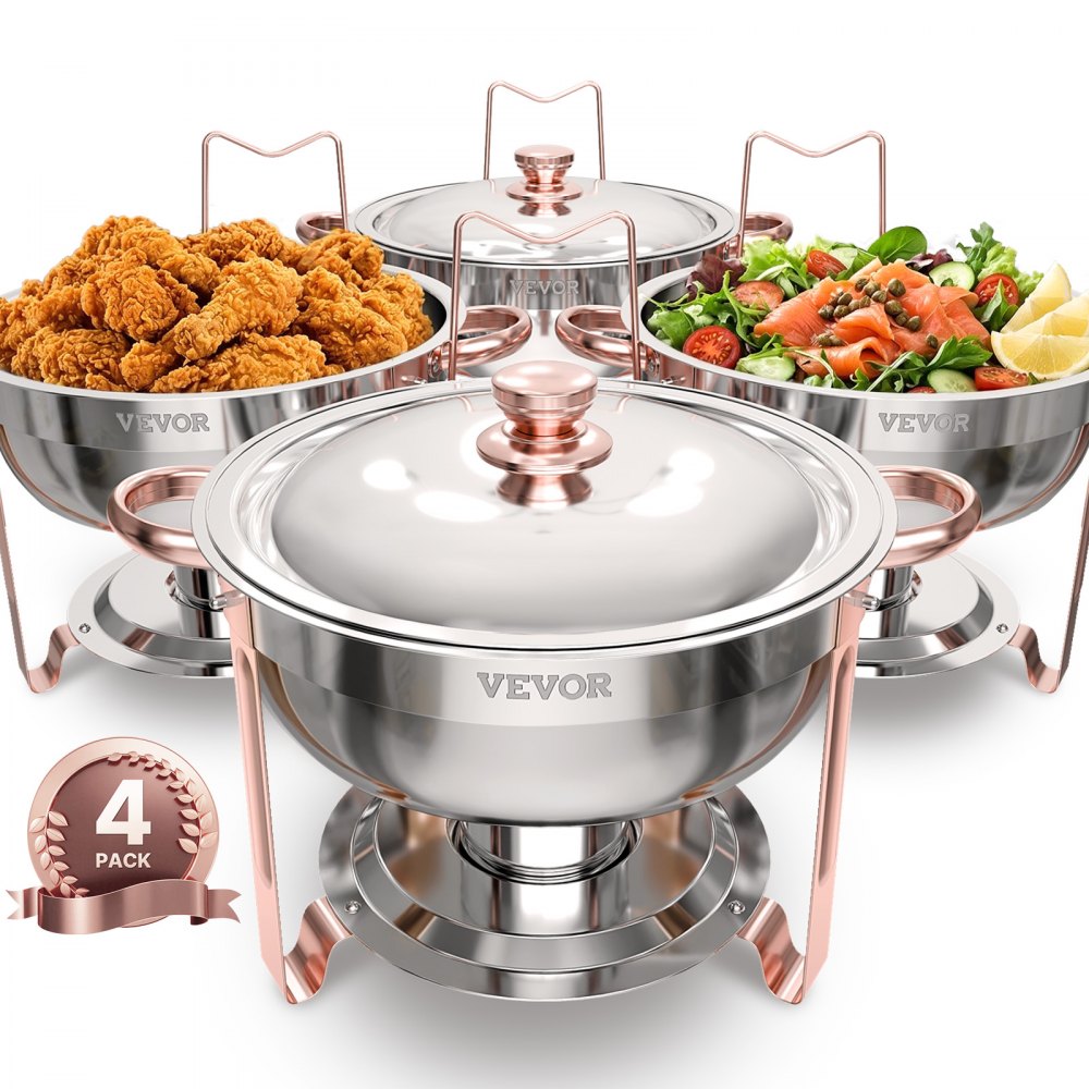 VEVOR Chafing Dish Buffet Set, 5 Qt 4 Pack, Stainless Steel Chafer with 4 Full Size Pans, Round Catering Warmer Server