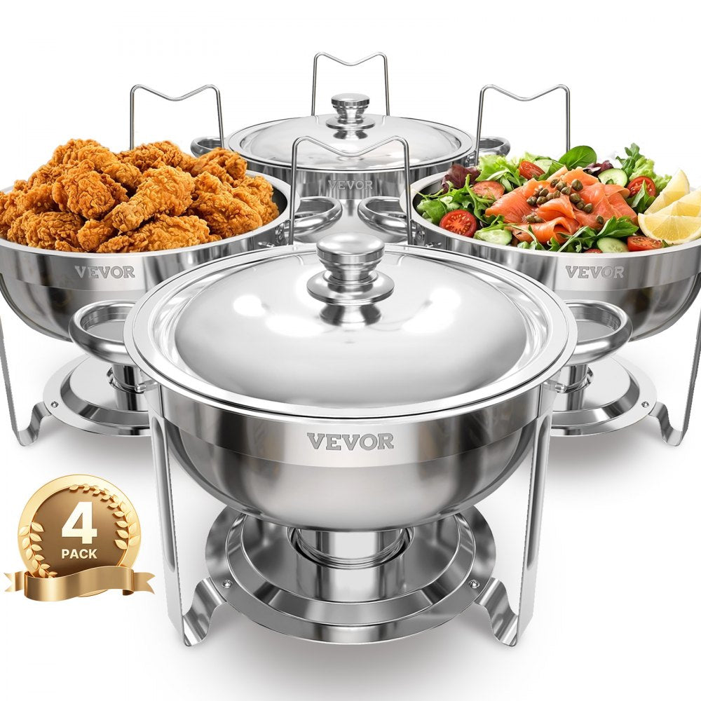 VEVOR Chafing Dish Buffet Set, 5 Qt 4 Pack, Stainless Steel Chafer with 4 Full Size Pans, Round Catering Warmer Server