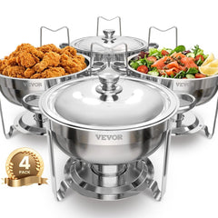 VEVOR Chafing Dish Buffet Set, 5 Qt 4 Pack, Stainless Steel Chafer with 4 Full Size Pans, Round Catering Warmer Server