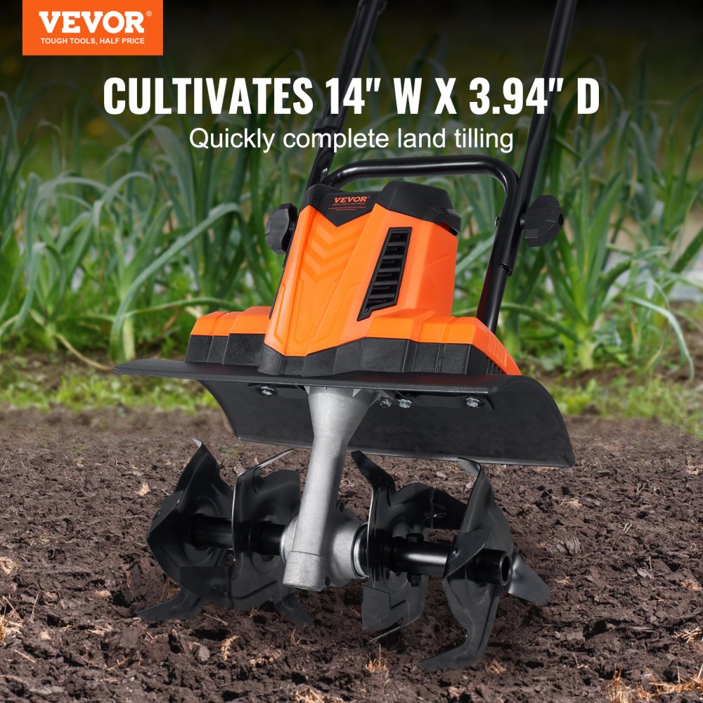 VEVOR 10 Amp Electric Tiller, 14" Tilling Width 3.94" Tilling Depth Corded Electric Tiller/Cultivator, Steel Mn Tines