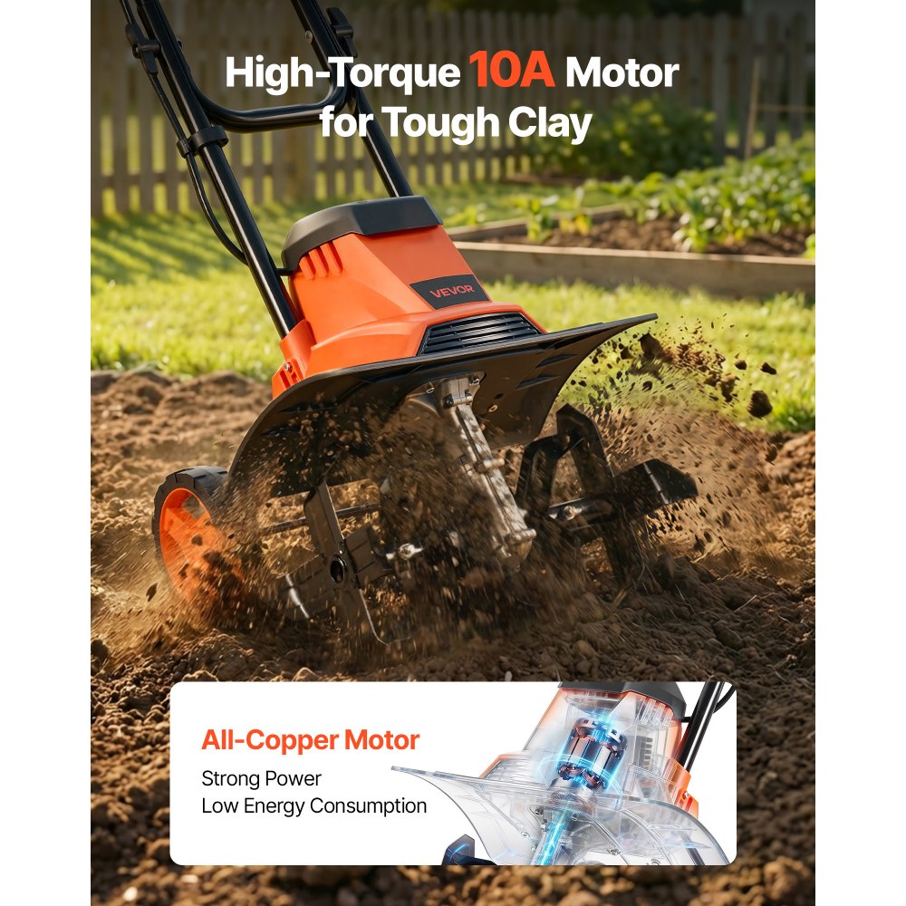 VEVOR Corded Electric Tiller, 14 Inch Tilling Width Garden Rototiller, 10-Amp Motor Heavy-Duty Tilling Machine
