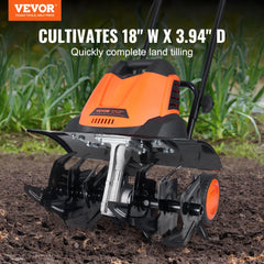 VEVOR 12 Amp Electric Tiller, 18" Tilling Width 3.94" Tilling Depth Corded Electric Tiller/Cultivator, Steel Mn Tines