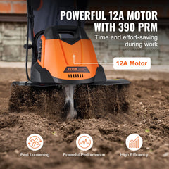 VEVOR 12 Amp Electric Tiller, 18" Tilling Width 3.94" Tilling Depth Corded Electric Tiller/Cultivator, Steel Mn Tines