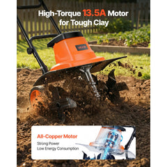 VEVOR Corded Electric Tiller, 18 Inch Tilling Width Garden Rototiller, 13.5-Amp Motor Heavy-Duty Tilling Machine
