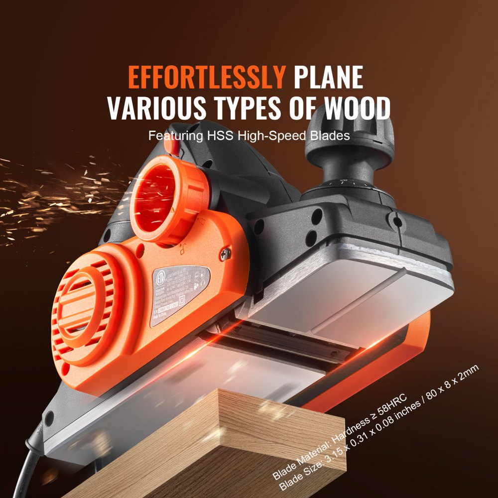 VEVOR Electric Hand Planer, 3-1/4" width Corded Electric Hand Planer, 16500 RPM High-Speed Powerful Electric Handheld