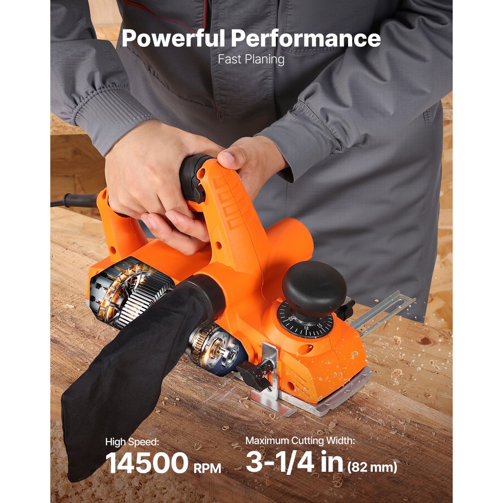 VEVOR Electric Hand Planer, 3-1/4-Inch Cut Width, 7-Amp 14500 RPM Corded Power Handheld Planer for Wood, with