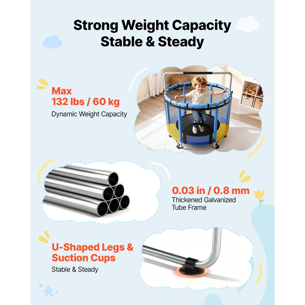 VEVOR 60" Trampoline for Kids, 5 FT Toddler Mini Trampoline, 132 lbs Indoor Outdoor Play Toys with Enclosure Net and