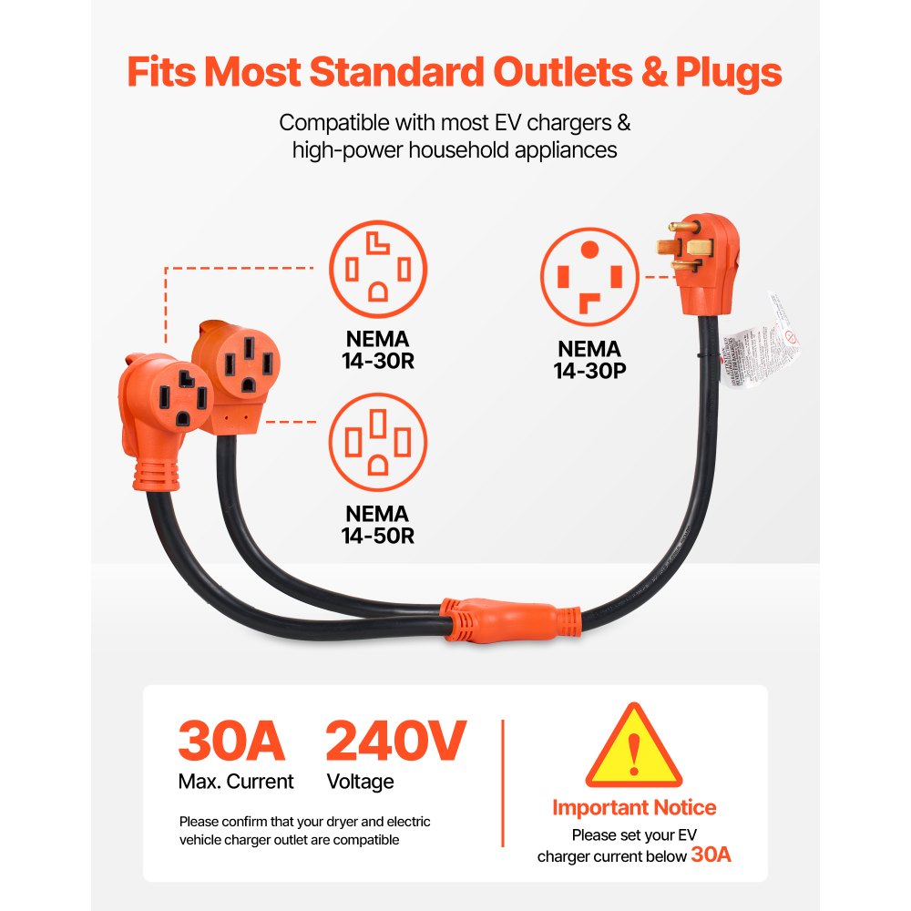 VEVOR Y Splitter Adapter, 30 Amp, 4 Prong Outlet 240 Volt Dryer to EV Charger Adapter, NEMA 14-30P to 14-30R/14-50R