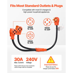 VEVOR Y Splitter Adapter, 30 Amp, 4 Prong Outlet 240 Volt Dryer to EV Charger Adapter, NEMA 14-30P to 14-30R/14-50R