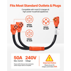VEVOR Y Splitter Adapter Cord, 50 Amp NEMA 14-50, 4 Prong 240V Splitter for RV and EV, NEMA 14-50P to Dual 14-50R