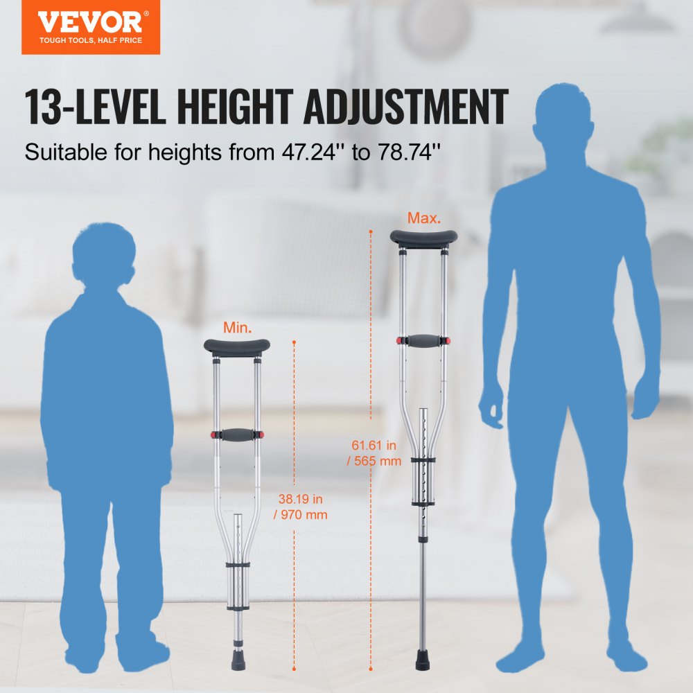VEVOR Underarm Crutches, 13-Level Height Adjustable Underarm Walking Crutches, Lightweight Aluminum Crutches for Adults