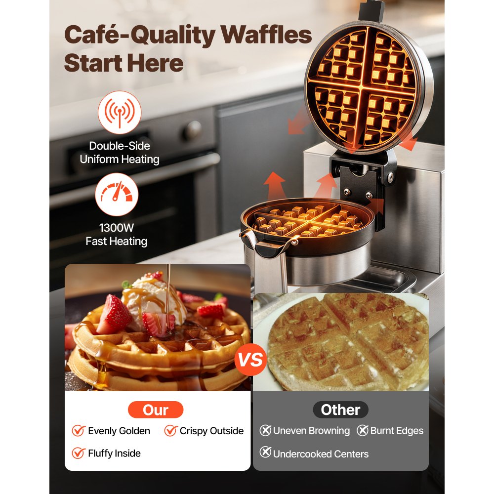 VEVOR Commercial Waffle Maker, 1 Piece per Batch, 1300W Round Waffle Iron, Non-Stick Waffle Baker Machine with 122-572℉