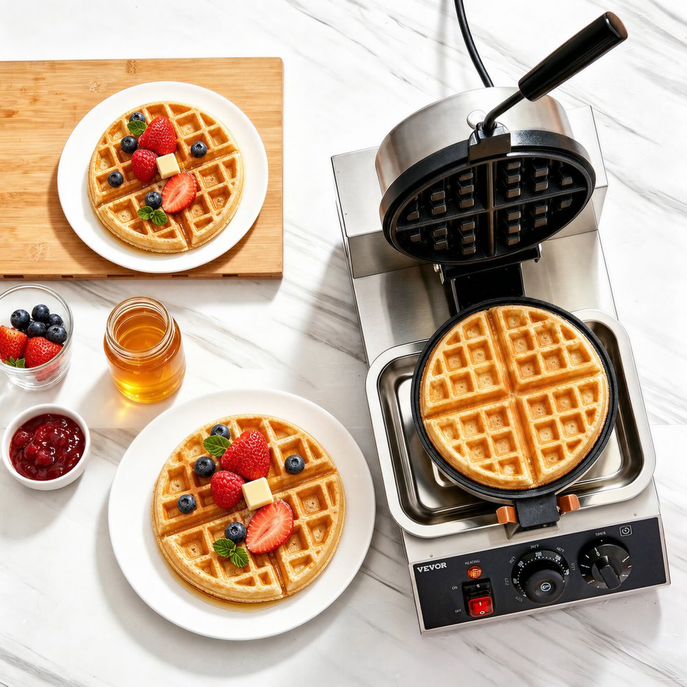 VEVOR Commercial Waffle Maker, 1 Piece per Batch, 1300W Round Waffle Iron, Non-Stick Waffle Baker Machine with 122-572℉