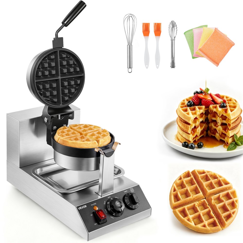 VEVOR Commercial Waffle Maker, 1 Piece per Batch, 1300W Round Waffle Iron, Non-Stick Waffle Baker Machine with 122-572℉
