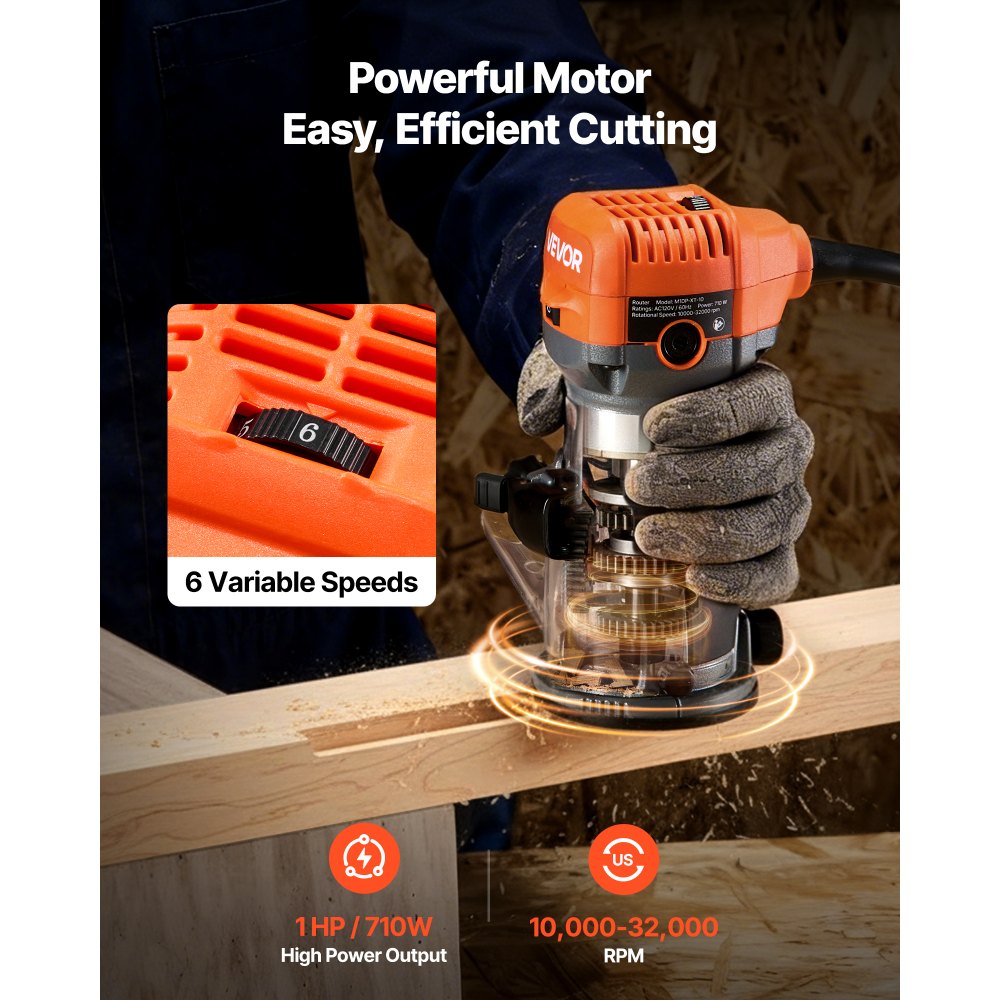 VEVOR Wood Router, 1 HP 710W, Variable Speed Palm Router Tool with 1/4 in Collet, Compact Edge Wood Trimmer with Fixed