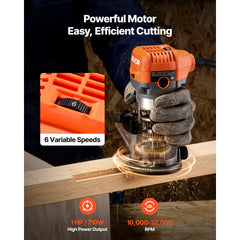 VEVOR Wood Router, 1 HP 710W, Variable Speed Palm Router Tool with Soft Start, Compact Wood Edge Trimmer with Fixed