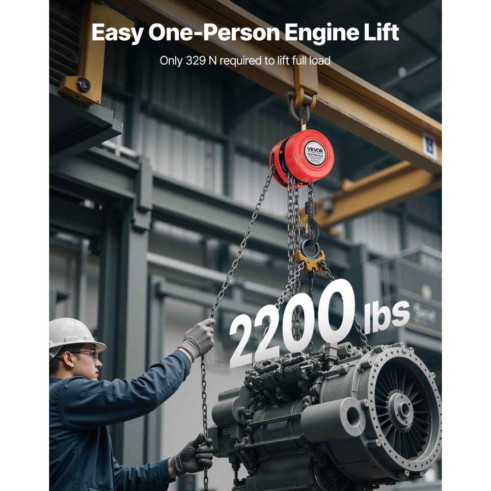 VEVOR Hand Chain Hoist, 1 Ton 2200 lbs Capacity, Manual Chain Block with Upgrade G70 Galvanized Chain, 10 ft Lifting