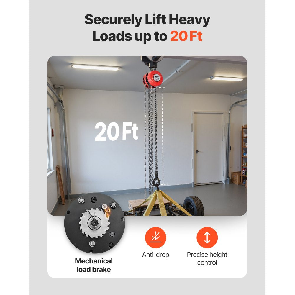 VEVOR Hand Chain Hoist, 1 Ton 2200 lbs Capacity, Manual Chain Block with Upgrade G70 Galvanized Chain, 20 ft Lifting