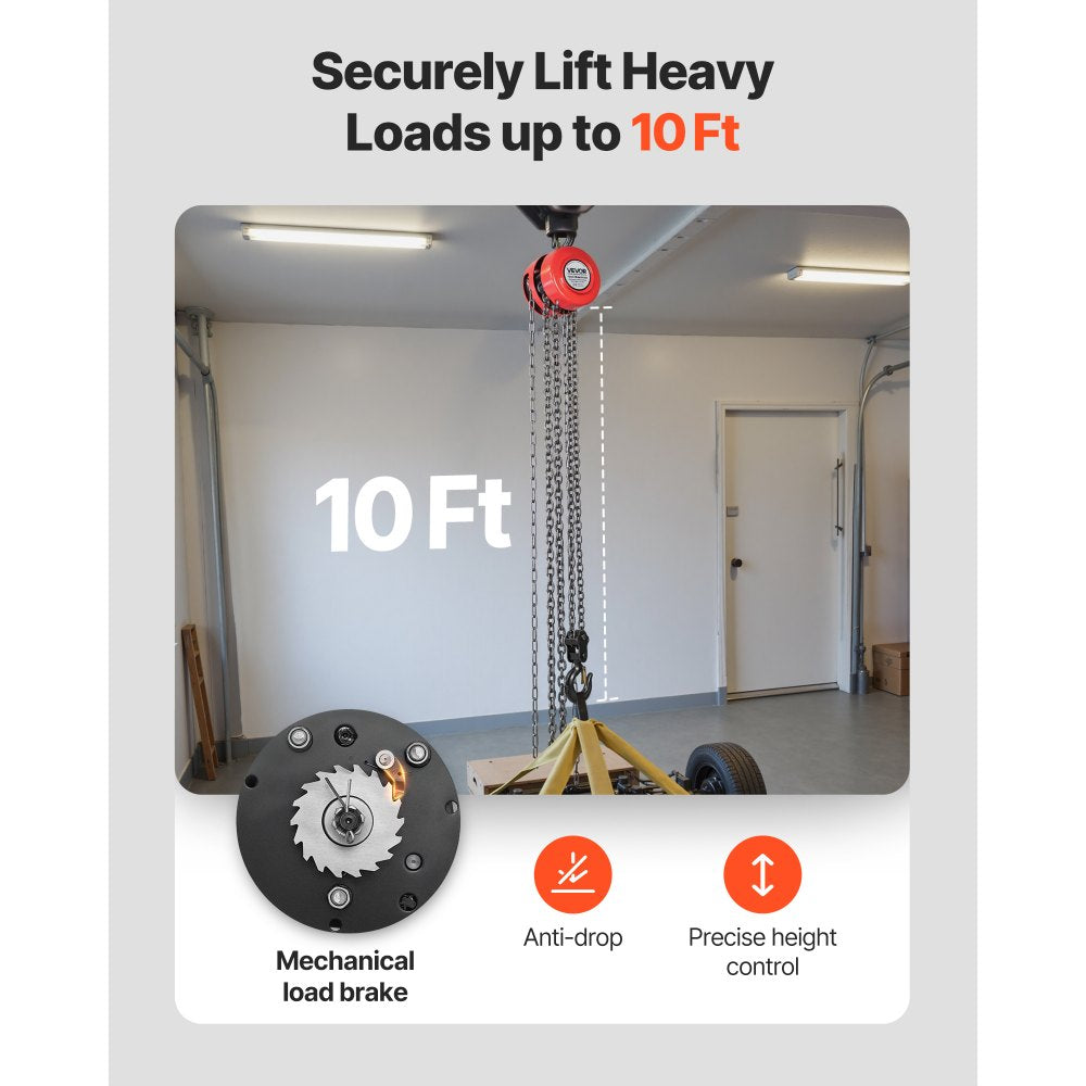 VEVOR Hand Chain Hoist, 2 Ton 4400 lbs Capacity, Manual Chain Block with Upgrade G70 Galvanized Chain, 10 ft Lifting