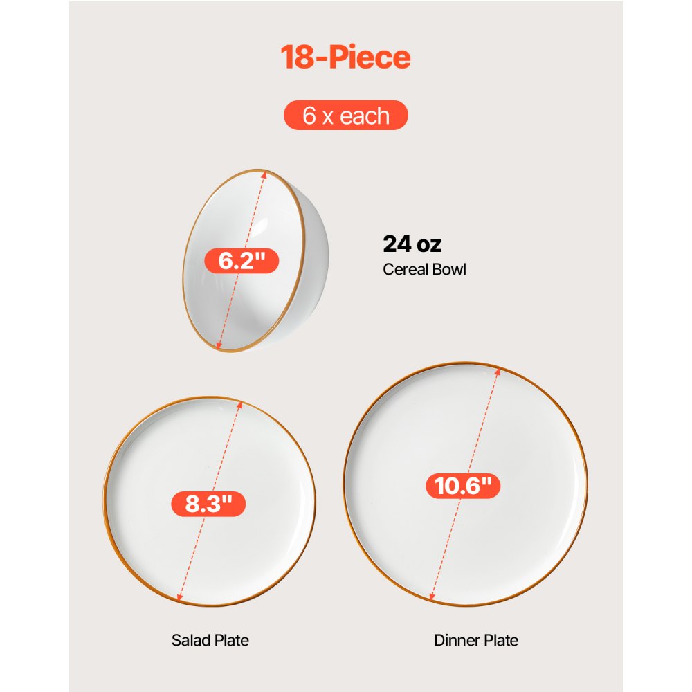 VEVOR Dinnerware Set, Service for 6 (18 PCS), Round Plates and Bowls Sets, Scratch Resistant Ceramic Dinner Ware