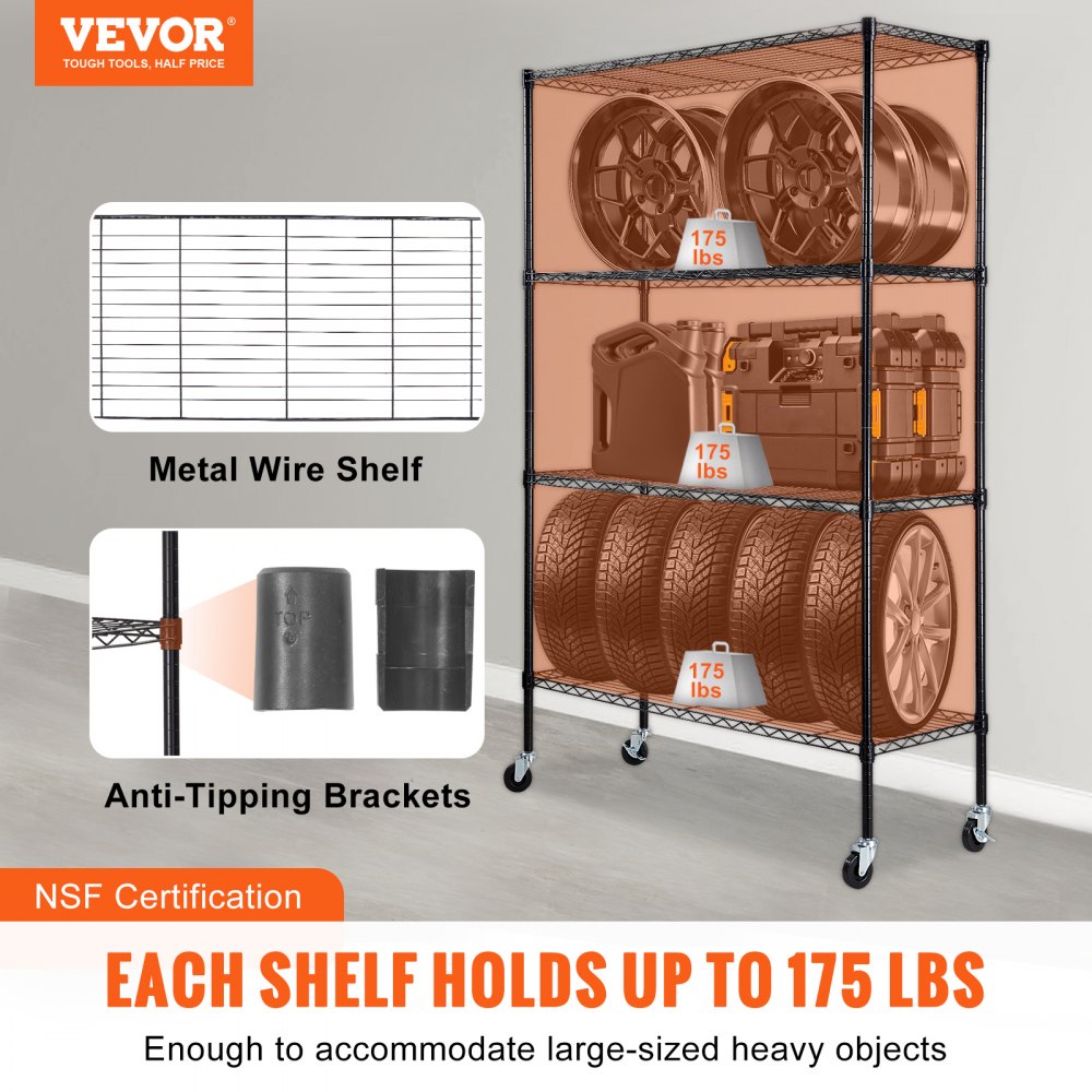 VEVOR Storage Shelving Unit with Wheels, 4-Tier Adjustable, 700 lbs Capacity, Heavy Duty Garage Shelves Metal Organizer