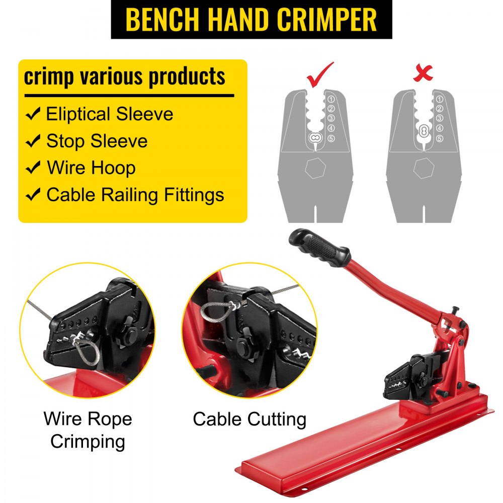 VEVOR Bench Swager Tool 24" Wire Rope Swaging Tool with Crimper Cable Bolt Cutter Head Bench Crimper 1/16"-3/16"