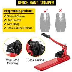 VEVOR Bench Swager Tool 24" Wire Rope Swaging Tool with Crimper Cable Bolt Cutter Head Bench Crimper 1/16"-3/16"