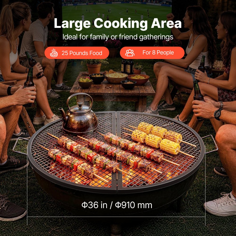 VEVOR X-Marks Fire Pit Grill Grate, Foldable Round Cooking Grate, Heavy Duty Steel Campfire BBQ Grill Grid with Handle