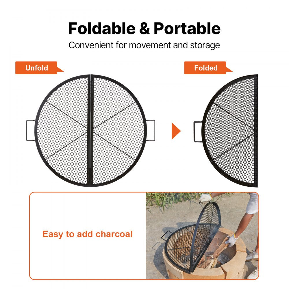 VEVOR X-Marks Fire Pit Grill Grate, Foldable Round Cooking Grate, Heavy Duty Steel Campfire BBQ Grill Grid with Handle