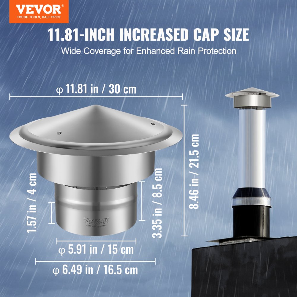 VEVOR Chimney Cap, 6 inch, 304 Stainless Steel Round Roof Rain Cap, 11.81-inch Increased Caps, All Weather & Reinforced