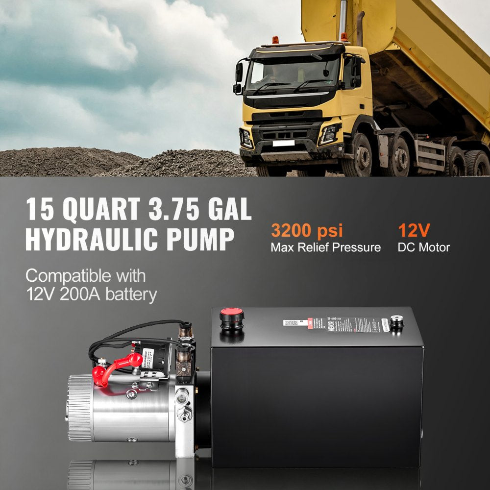 VEVOR 15 Quart Hydraulic Pump, Double Acting Hydraulic Trailer Pump, 3200PSI Max Relief Pressure, 0.91GPM Flow Rate