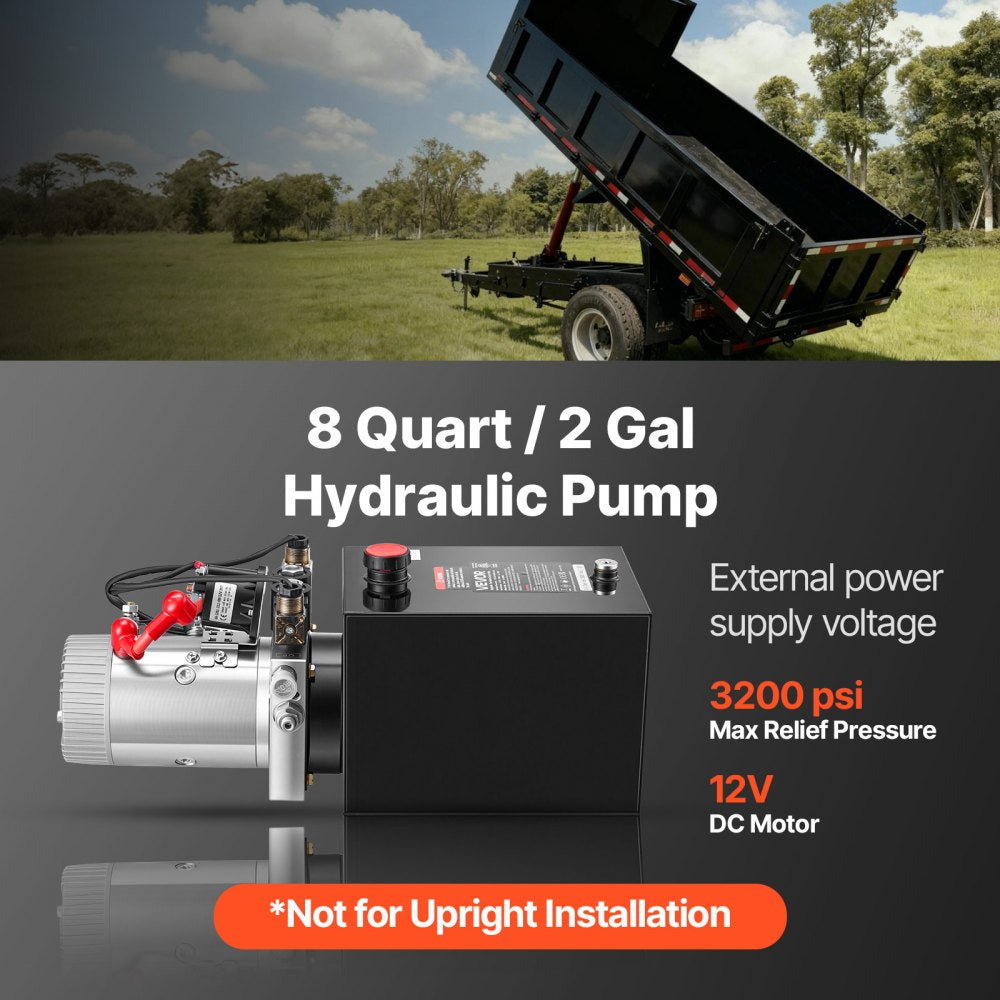 VEVOR 8 Quart Hydraulic Pump, Double Acting Dump Trailer Pump, 3200PSI Max Relief Pressure, 0.91 GPM Flow Rate, DC12V