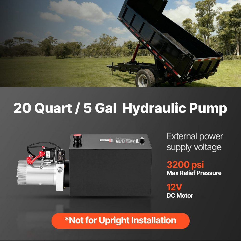 VEVOR 20 Quart Hydraulic Pump, Single Acting Hydraulic Power Unit, 3200 PSI Max Relief Pressure, 0.91 GPM Flow Rate