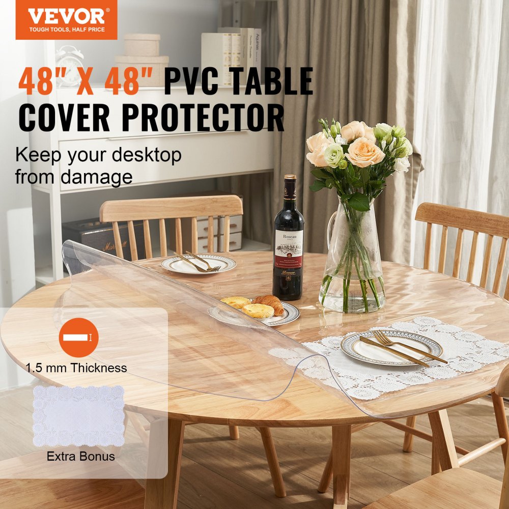 VEVOR Clear Table Cover Protector, 48 inch/1230 mm Round Table Cover, 1.5 mm Thick PVC Plastic Tablecloth, Waterproof