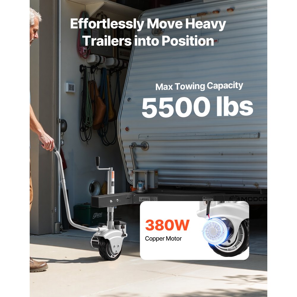 VEVOR Electric Trailer Dolly, 5500 lbs Towing Capacity, 380W 12V Motorized Jockey Wheel with 23 ft/min Moving Speed
