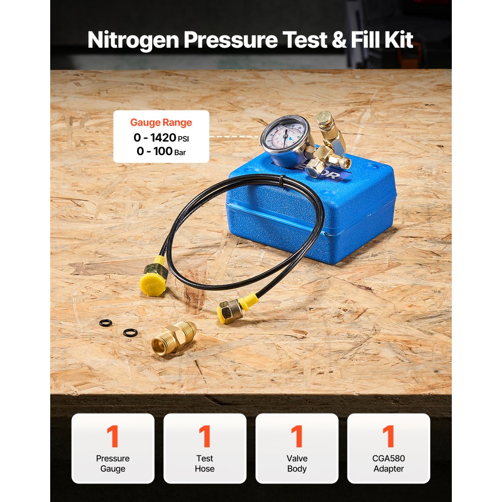 VEVOR Hydraulic Nitrogen Accumulator Charging Kit, 0-1420 PSI Nitrogen Fill Kit, Pressure Test System with 1 Pressure
