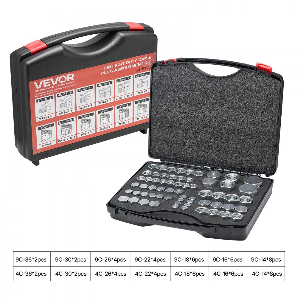VEVOR 64 PCS DIN Hydraulic Fittings, Heavy Duty Master Industrial Hydraulic Cap and Plug, Hose Tube and Pipe Fitting