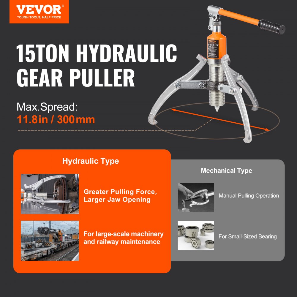VEVOR Hydraulic Gear Puller, 15 Ton Max Capacity Wheel Bearing Pulling Separator, 2 or 3 Jaws Puller, Vertically and