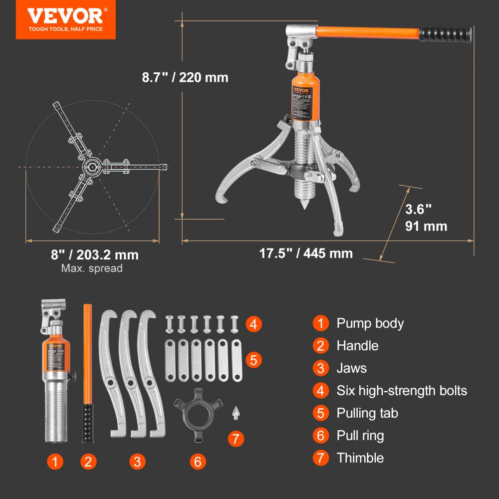 VEVOR Hydraulic Gear Puller, 5 Ton Max Capacity Wheel Bearing Pulling Separator, 2 or 3 Jaws Puller, Vertically and