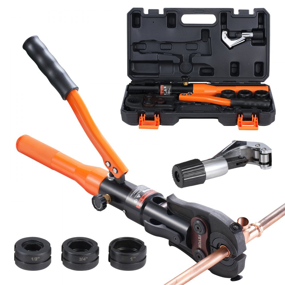 VEVOR Copper Pipe Crimping Tool, Hydraulic Driven Press Tool with 1/2", 3/4", 1" VUS Jaws, Copper Tube Fittings Pipe