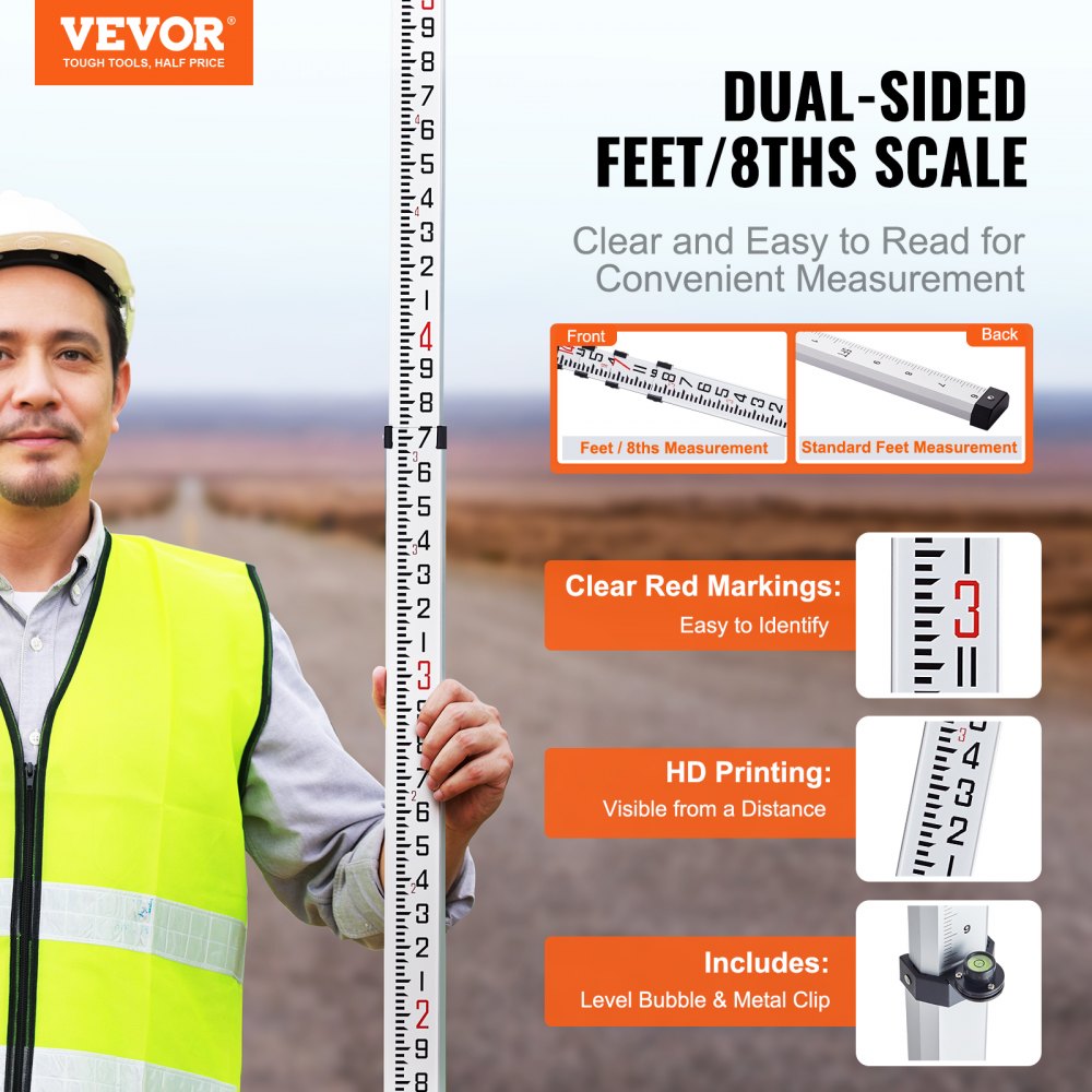 VEVOR Aluminum Grade Rod, 14-Feet/8ths 4 Sections Telescopic Measuring Rod, Double-Sided Scale 1/8in Leveling Rod
