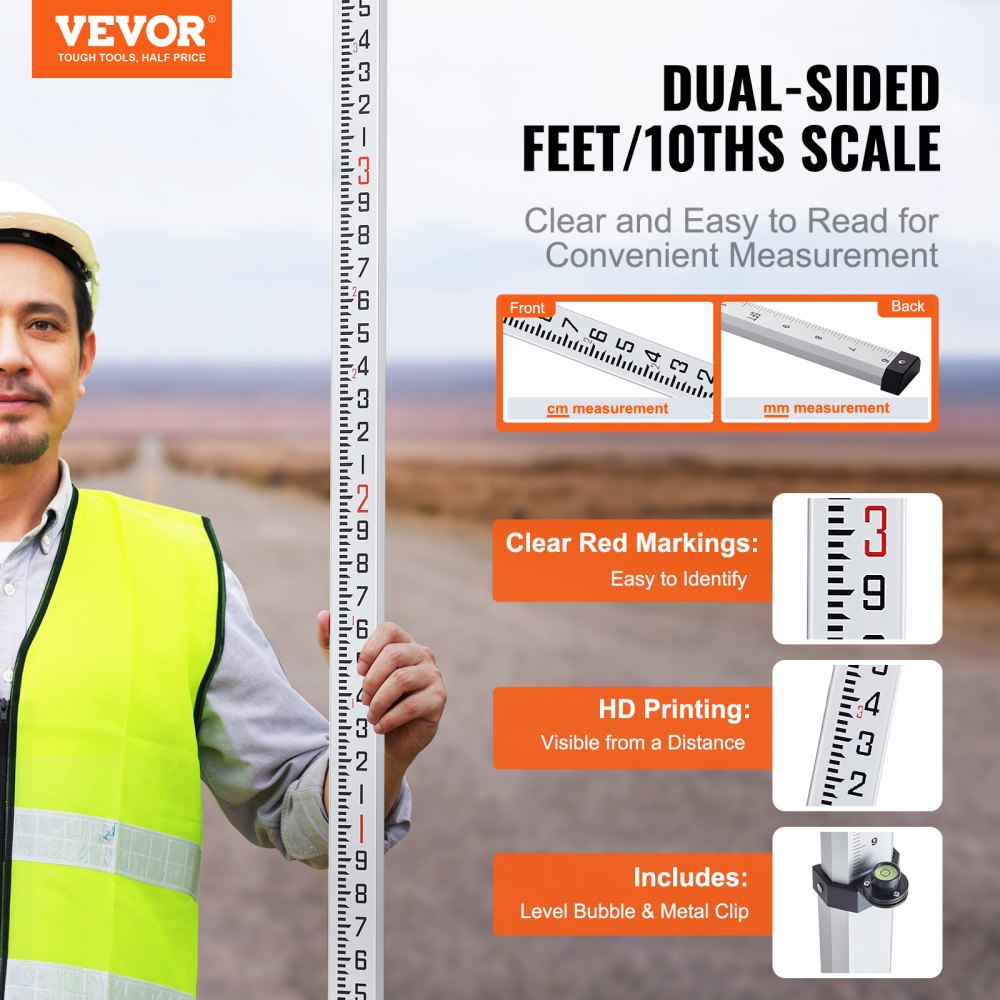 VEVOR Aluminum Grade Rod, 16-Feet/10ths 4 Sections Telescopic Measuring Rod,Double-Sided Scale 1/10ft Leveling Rod