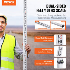 VEVOR Aluminum Grade Rod, 16-Feet/10ths 4 Sections Telescopic Measuring Rod,Double-Sided Scale 1/10ft Leveling Rod