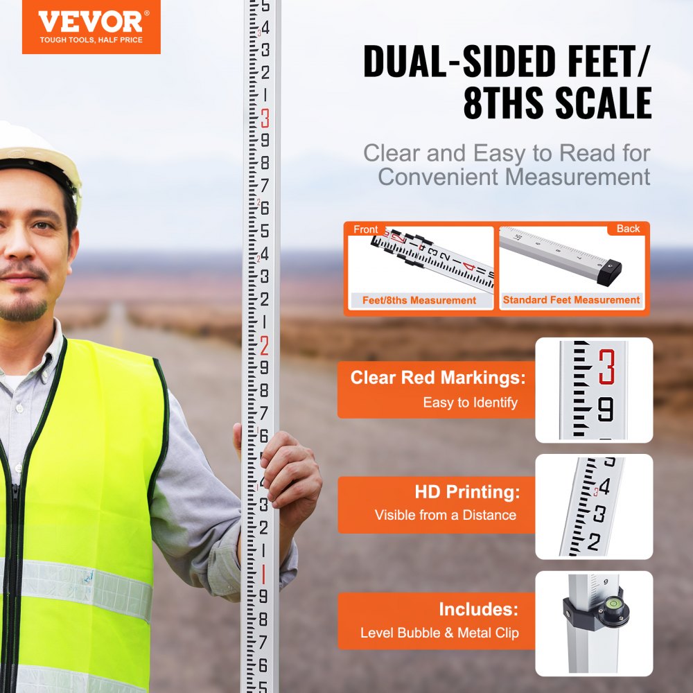 VEVOR Aluminum Grade Rod, 16-Feet/8ths 4 Sections Telescopic Measuring Rod,Double-Sided Scale 1/8in Leveling Rod